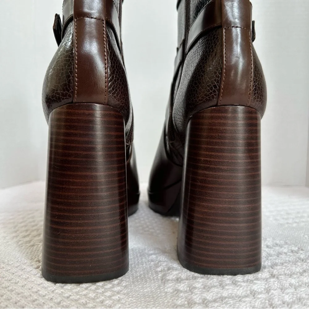 Vince Camuto Coliana Leather Platform Block Heel Brown Booties-9.5-Buckles Indie